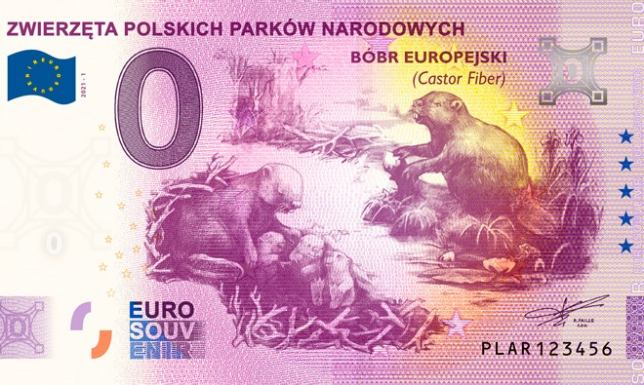 Pamiątkowy banknot z wizerunkiem bobra o nominale 0 Euro.