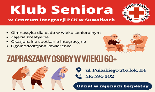 Polski Czerwony Krzyż otwiera Klub Seniora w Suwałkach By dołączyć do Klubu Seniora, należy mieć ukończone 60 lat