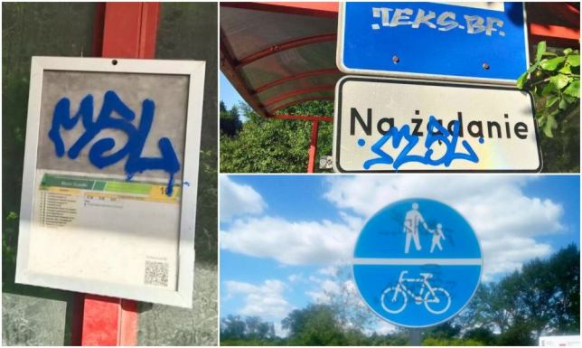 powywracane kosze na śmieci, pomazane ławki, zniszczone znaki drogowe